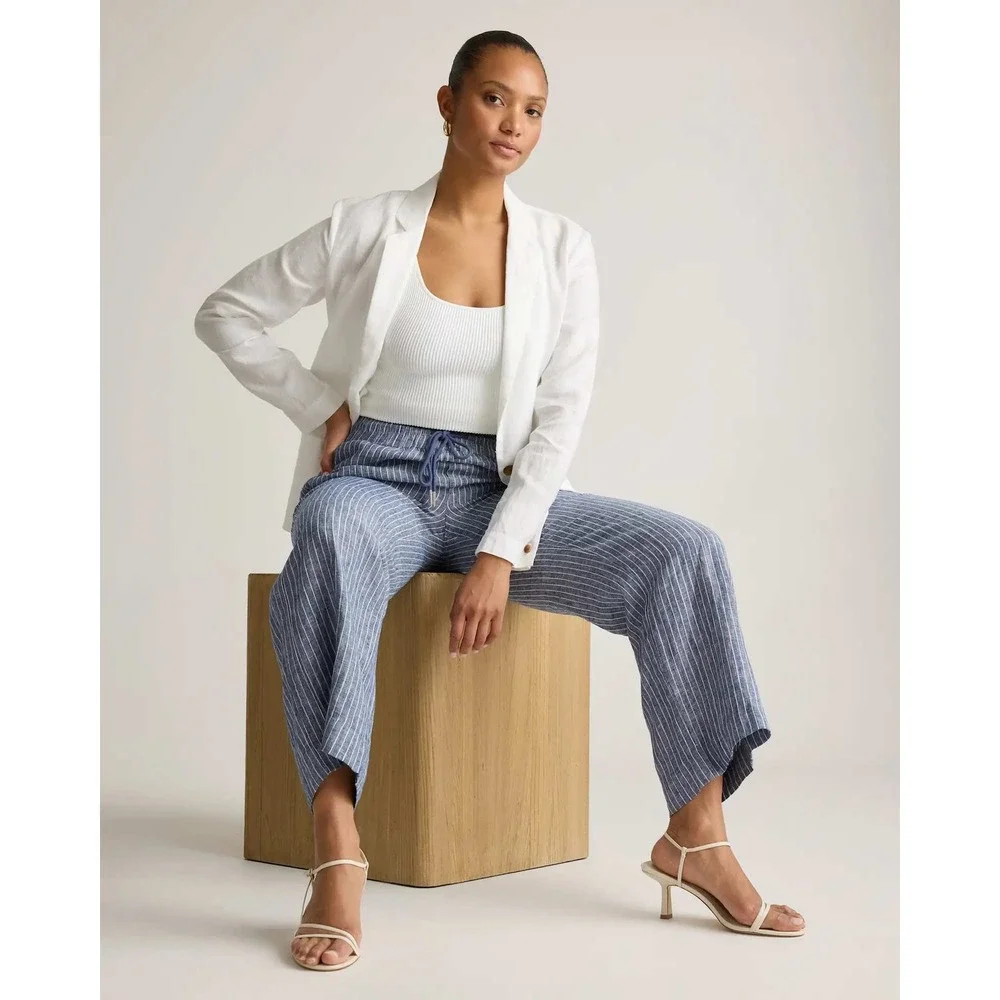 Quince European Linen Wide Leg Pants Chambray Stripe Blue White Small NWT